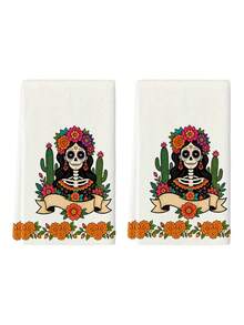 2pcs/4pcs Day Of The Dead Sugar Skull Girl Print Kitchen Towels, Floral Cactus Pattern Dish Cloths, Multi-Purpose Household Cleaning Rags, Holiday Decor Practical Gift - Multicolor - View 4