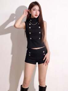 Top Dazzle Women's Black Knitted Mini Shorts With Button Details, Slight Stretch, Stylish Straight Leg Design - Black - View 1