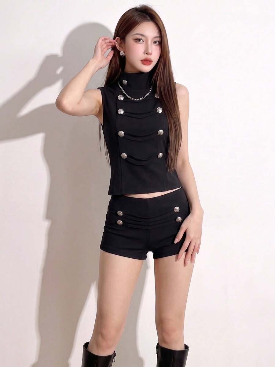 Top Dazzle Women's Black Knitted Mini Shorts With Button Details, Slight Stretch, Stylish Straight Leg Design - Black - View 1