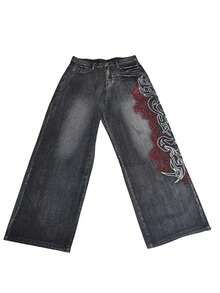 Infinite Jeans 1件裝 香港街頭風 3D刺繡花卉時尚百搭男士大尺碼水洗寬鬆寬腿牛仔長褲 (產品不含腰帶與配件) - 黑色 - 查看 9