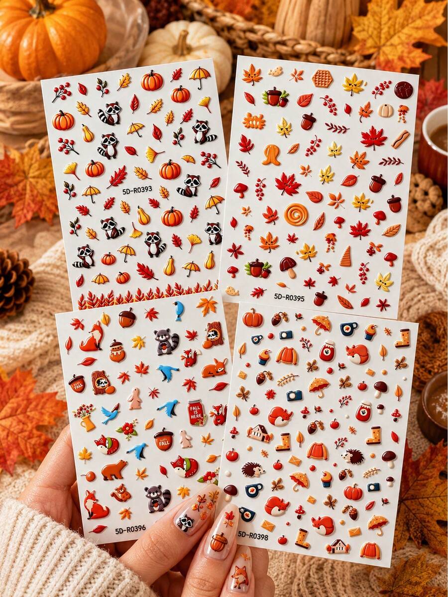 4 Sheets 5D Embossed Autumn Fall Nail Art Stickers, Self‑Adhesive ...