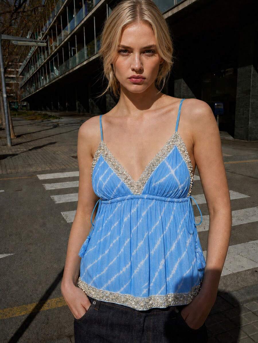 Zerodot Women Blue Embellished Border Printed Elegant Tank Top Party Going Out Summer - Baby Blue - View 1