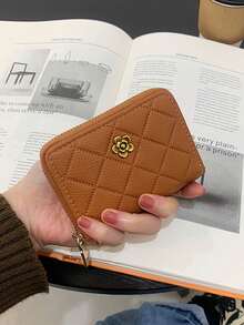 Large Capacity Accordion Card Holder Wallet With Zipper – Quilted Flower Design Multi Card Slots ID Badge Organizer For Women Girls - Brown - View 4