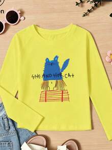 Girls Cotton Raglan Long Sleeve Tee For Fall Winter, Cartoon Cat Print Round Neck, Sweet Preppy School Style - Bright Yellow - View 3