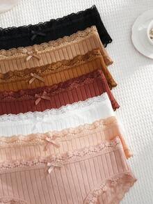 7pcs Women's Solid Color Bow Lace Trim Patchwork Pure Cotton Fabric Comfortable Plus Size Mid-Waist Triangle Panties - Multicolor - View 4