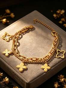 Letingsha 1pc Fashionable Stainless Steel Four-Leaf Clover Pendant Bracelet, Suitable For Women's Daily Wear - Yellow Gold - View 2