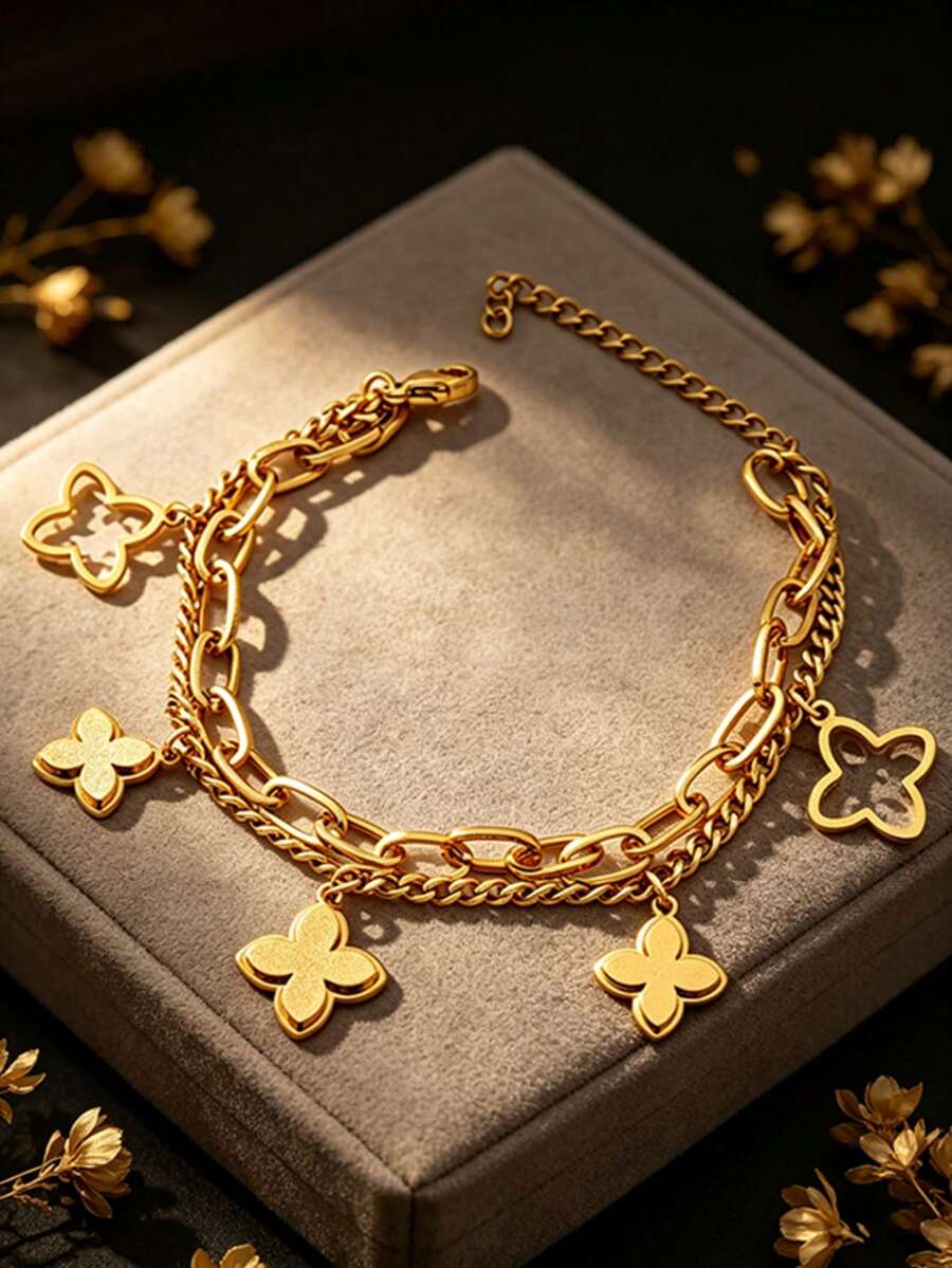 Letingsha 1pc Fashionable Stainless Steel Four-Leaf Clover Pendant Bracelet, Suitable For Women's Daily Wear