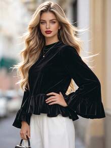 DONICY Women's Black Velvet Round Neck Flare Sleeve Ruffle Hem Blouse, Loose Draped Long Sleeve Top For Fall Daily Wear - Black - View 8