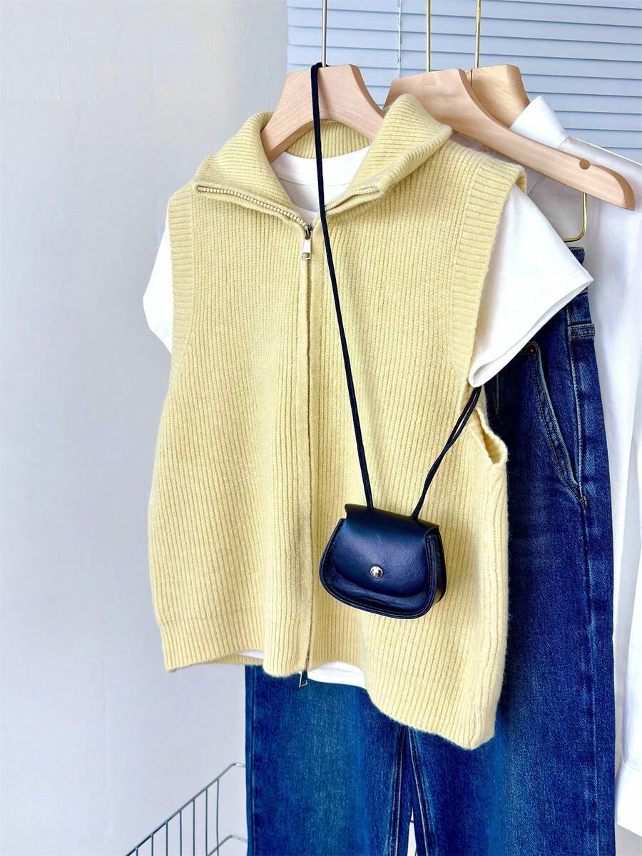 Autumn/Winter New Soft Coffee Color Ribbed Knit Vest With Double Zipper Sleeveless Camisole Commuter Casual Layering Essential - Light Yellow - View 1