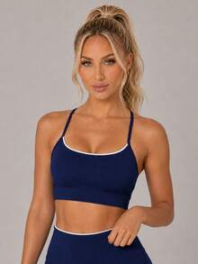 Sodalemon Women's Deep Blue Y-Back Spaghetti Strap Sports Bra, Round Neck Low-Impact Fitness Bra, Suitable For Yoga, Pilates, Gym And Daily Workout - Navy Blue - View 6