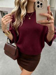 Women's Casual Autumn/Winter Solid Beige Round Neck Batwing Sleeve Knit Top, Button Design Pullover Sweater, Suitable For Daily Office Commute - Burgundy - View 8