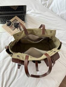 Tote Bag With Multiple Pockets And Buckle Decor, Layered Design With Partitioned Storage For Organized Personal Items, Handheld Style With Vintage Flair, Spacious And Elegant Silhouette, Suitable For Daily Commute And Outings, Easily Matches Various Outfits For A Casual Vibe - Green - View 9