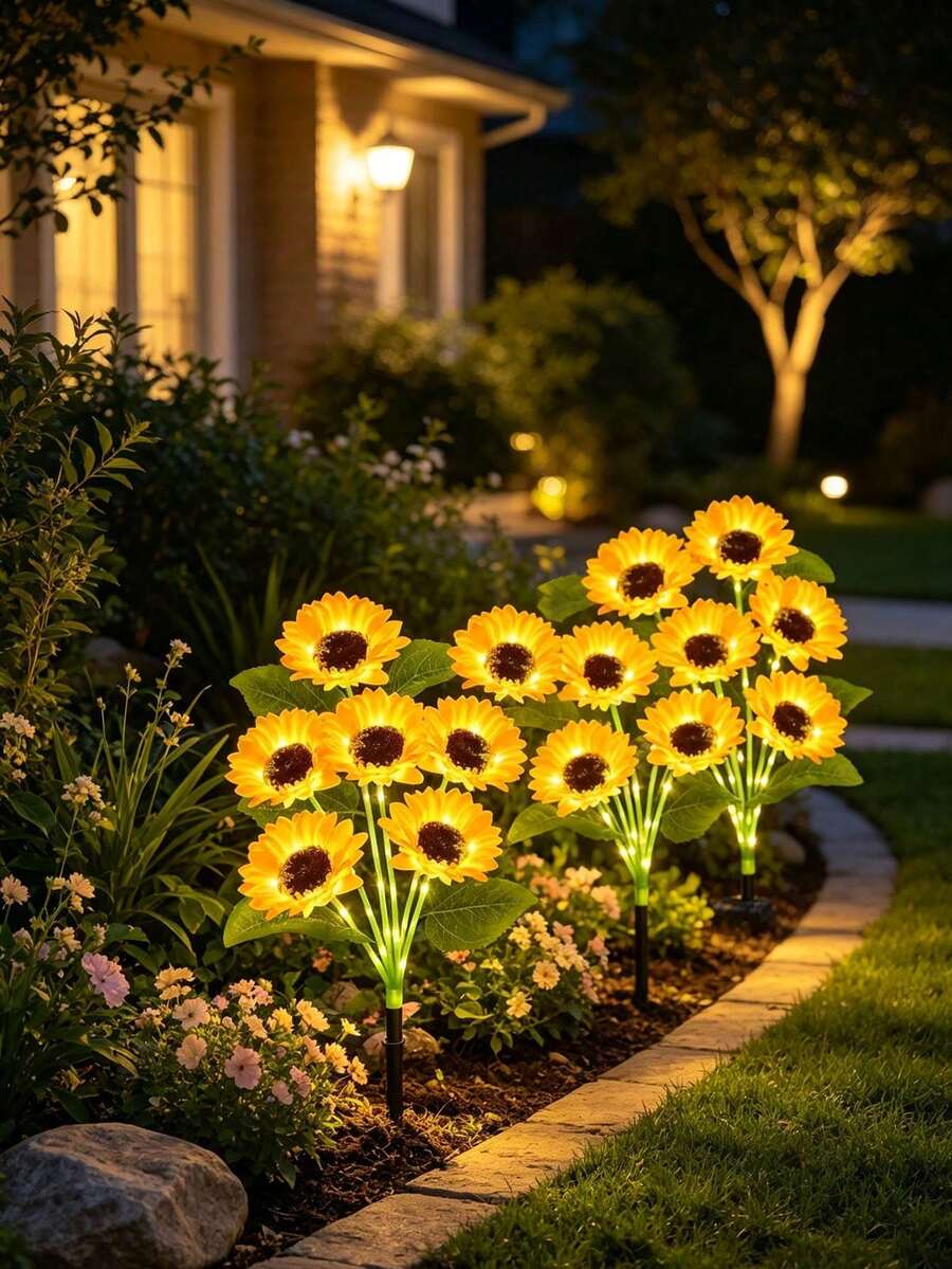 2pcs Yellow Sunflower Solar Ground Lights, LED Solar Flower Landscape Lights, Waterproof Outdoor Decorative Lights, Suitable For Yard, Balcony, Wedding, Holiday Atmosphere Decoration - Multicolor - View 1