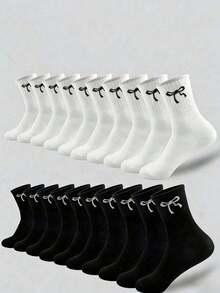 20/10/5/1 Pairs Unisex Versatile Sports Casual Classic Bow Pattern Women's Socks, Sweat-Absorbent Breathable Mid-Calf Soft Socks, Couple Socks Suitable For Daily Wear [20/10/5/1 Pairs] - Black and White - View 4