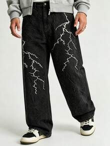 Men's Black & Grey Distressed Lightning Graffiti Embroidered Wide Leg Jeans, American Street Style Loose Straight Leg Drape Floor Length Denim Pants, Summer - Black - View 1