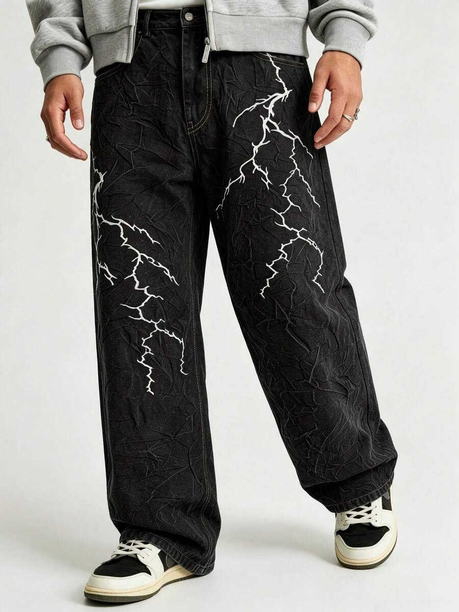 Men's Black & Grey Distressed Lightning Graffiti Embroidered Wide Leg Jeans, American Street Style Loose Straight Leg Drape Floor Length Denim Pants, Summer - Black - View 1