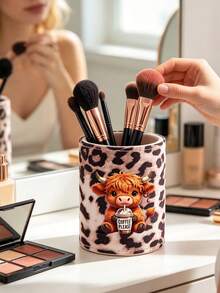 Leopard Print Highland Cattle Makeup Brush Holder, Makeup Storage Box, Makeup Tool Storage, Multifunctional Makeup Holder, Leopard Print Cute Storage Box, Desktop, Dressing Table, Lobby, Living Room Decoration, Gifts For Friends - Multicolor - View 7