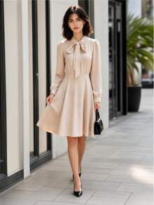Autumn/Winter New Petite French Gentle Style Elegant Bow Ribbon Long Sleeve Elegant Dress - Apricot - View 3