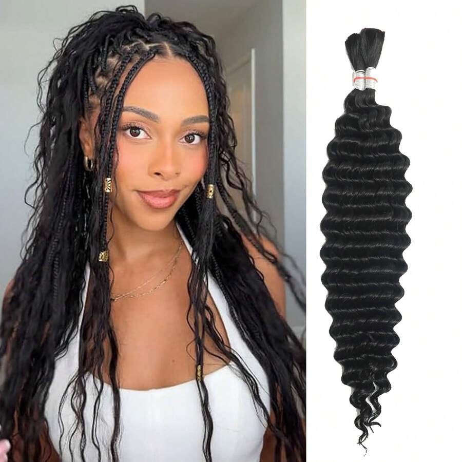 110g 2 Bundles/Pack Human Braiding Hair For Boho Braids Human Curly Boho Hair For Braiding Knotless Deep Wave Bulk Bohemian Natural Black Color - Natural Black - View 1