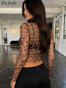 Da Jade Women French Long Sleeve Mesh Leopard Print Crop Top Round Neck Slim See Through For Daily Commute Club Night Cocktail Holiday Vintage Party Outfit - Brown - View 4
