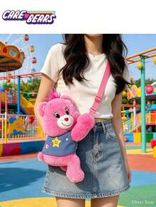 Care Bears 女款粉色卡通熊斜挎包，Cheer Bear、 Bear、Goodluck Bear、Share Bear、Funshine Bear 毛絨背心肩背包，大容量斜挎包，適合上班、旅行、購物、收納、開學季 - 彩色 - 查看 1