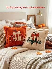 1pc Pumpkin Throw Pillowcase With Custom Name,2D Flat Print Fall Halloween Sofa Decor Accent,Non-Real Embroidery Print,No Pillow Core - Orange - View 4
