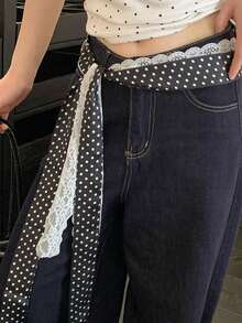 2Pcs Vintage Polka Dot & Lace Sash Belt, Self-Tie Long Ribbon Waist Sash, Retro Decor Accessory For Jeans Dresses Daily Outfits - A - View 1