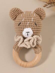 1pc Handmade Crochet Beech Wood Ring Rattle Bunny Bear Handheld Toy, Pink, Blue, White, Khaki, Camel - Multicolor - View 15