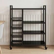 Super life A Kitchen Storage Rack With Wire Baskets-A Multifunctional, Mobile Wire-Basket Storage Unit Featuring A Vertical Design, Suitable For Organizing And Storing Kitchen Vegetables And Utensils. A Great Gift For Christmas Or Halloween. - Black - View 6
