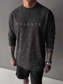 Men's Spring/Autumn Brain & Heart Line BALANCE Print Faux-Washed Drop Shoulder Loose Fit Crew Neck Long Sleeve T-Shirt - Black - View 2