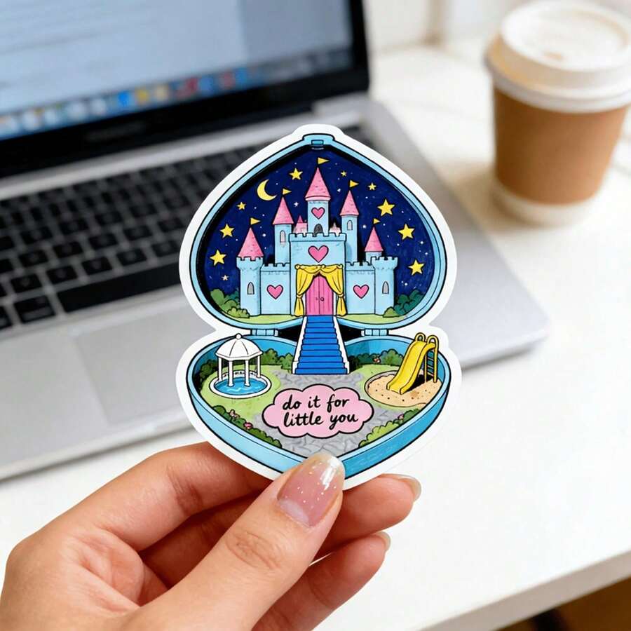 1/2/4pcs "Do This For Your Little One" Stickers, Cute Heart Pendant Princess Castle Design, Adorable And Durable Stickers, Perfect For Girls' Aesthetic Decoration, Suitable For Laptops, Coasters, Desks And Luggage - Style 1 - View 1