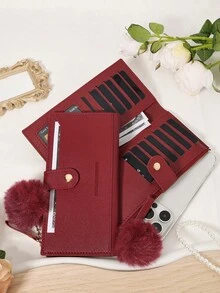 Dengan hiasan pom-pom, dompet panjang ultra tipis yang modis, dompet yang dapat memuat ponsel kecil, cocok untuk aktivitas luar ruangan dan perjalanan. - Burgundy - View 7