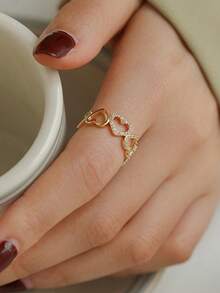 1pc Micro-Inlaid Full Rhinestone Minimalist Elegant Geometric Hollow Heart Open Adjustable Ring, Suitable For Women's Daily Commute, Party, Gift - Gold - View 2