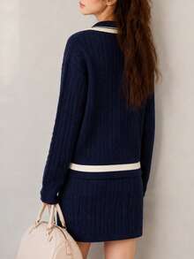 Women's Autumn/Winter Casual Minimalist Preppy Pullover & Skirt 2 Pieces Set - Navy Blue - View 2