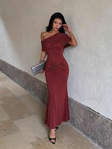 Summer, Elegant Dresses, Wedding Guest Dresses, Off-Shoulder Party Dresses, Women's Vacation Outfits, Suitable For Beaches, Festivals - Burgundy - View 2