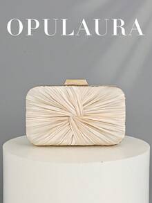 OpulAura 1 件复古优雅缎面褶皱正式派对手拿包，迷人精致的正式活动手提包，奢华盒式小钱包适合派对/婚礼/正式场合，配有可拆卸链条，可肩背或斜挎 - 杏色 - 查看 1