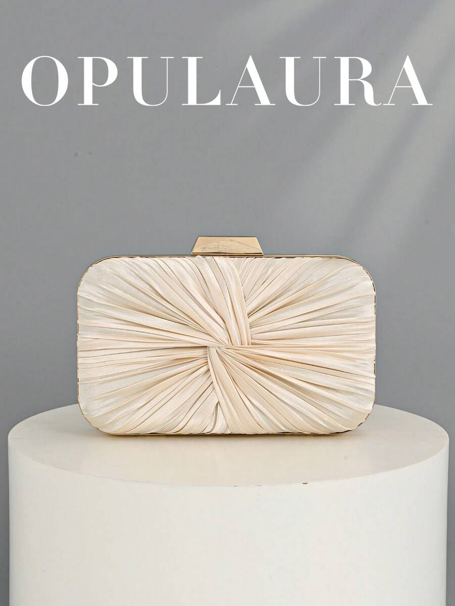 OpulAura 1 件复古优雅缎面褶皱正式派对手拿包,迷人精致的正式活动手提包,奢华盒式小钱包适合派对/婚礼/正式场合,配有可拆卸链条,可肩背或斜挎 - 杏色 - 查看 1