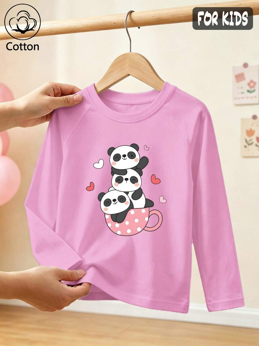 Girls Cotton Raglan Long Sleeve Tee, Autumn Winter, Cartoon Cute Panda Cup Print, Sweet Preppy Style - Light Wine Red - View 1