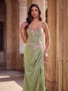 Anymoon Women's Floral Embroidered Pleated Elegant Spaghetti Strap Evening Gown - Green - View 8