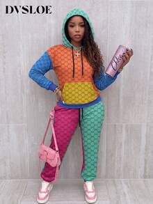 DVSLOE Women's Autumn/Winter Y2K Color Block Geometric Print Casual 2 Pieces Set, Drawstring Hoodie + Joggers, Suitable For Daily Commute, Date, Gathering, Streetwear - Multicolor - View 1