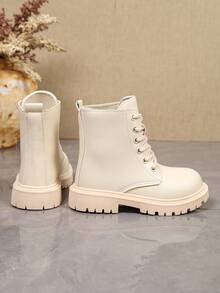 1 Pair Kids' Beige Ankle Boots, Soft PU + Front Lace-Up Design, Casual Cargo Style Style Motorcycle Boots, Suitable For Daily School, Vacation, Autumn/Winter New - Beige - View 7