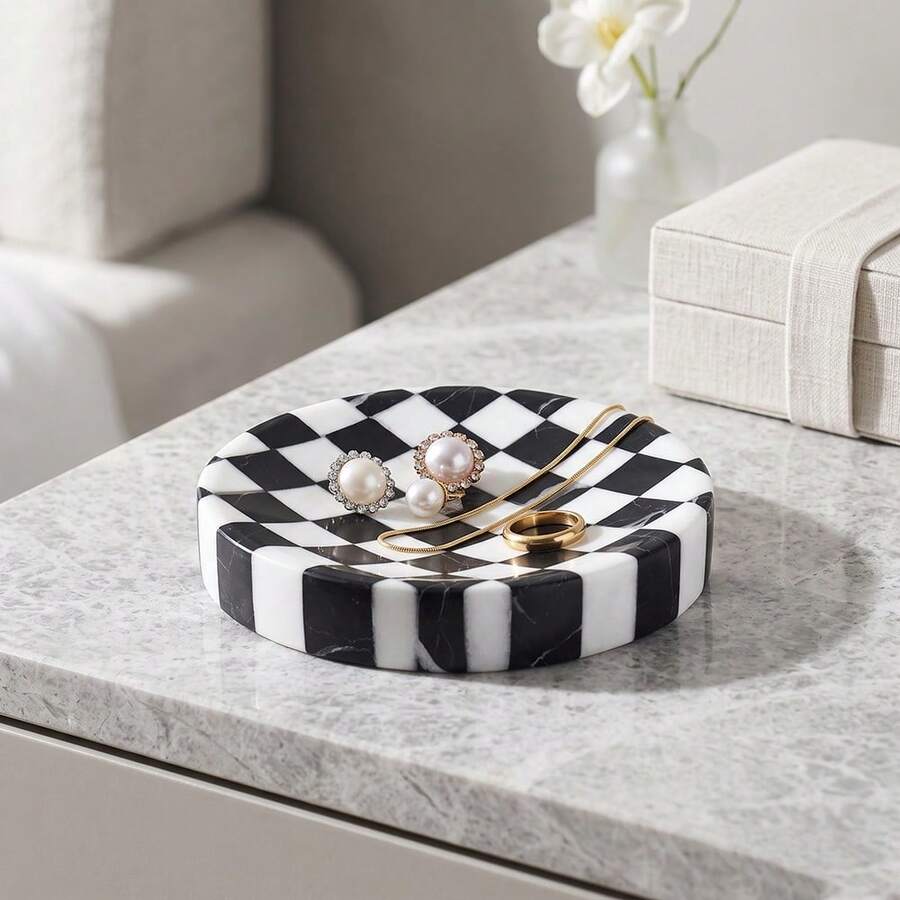 Natural Marble Mosaic Jewelry Tray, Modern Minimalist Vanity Storage Decor, Square And Round Options - Black and White - View 1