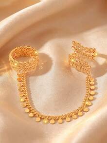 Vintage Hollow Leaf Design Double Finger Ring For Women, Pendant Coin Tassel Chain Ring, Arabic Wedding Ramadan Party Women's Jewelry - Gold - View 1