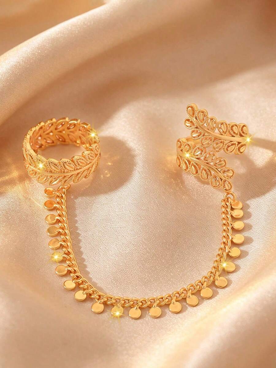 Vintage Hollow Leaf Design Double Finger Ring For Women, Pendant Coin Tassel Chain Ring, Arabic Wedding Ramadan Party Women's Jewelry - Gold - View 1