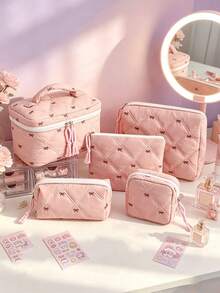 Quilted Embroidery Bow Hand‑Held Makeup Bag, Large Capacity Makeup Bag Set, Travel Toiletry Bag, Sanitary Napkin Storage Bag, Coin Purse,Zipper Wallet - Pink - View 14