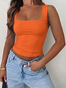 Vaiaye Women's Solid Color Square Neck Fitted Casual Camisole, Minimalist Retro Solid Color Tank Top, Summer Fashion Backless Knit Camisole, Casual Versatile, Suitable For Work Commute - Orange-red - View 8