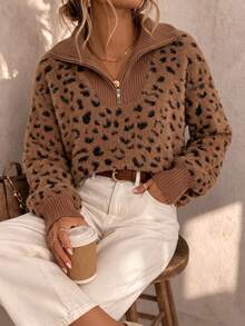 Camel Leopard Fuzzy Half Zip Lapel Collar Long Sleeve Knit Pullover Women Chic Y2K Homecoming Christmas Halloween Back To School Fall Winter - Brown - View 1