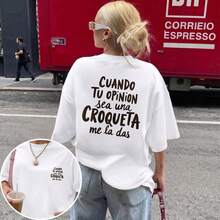 Oversized Graphic T-Shirt, Crew Neck Short Sleeve Loose Fit, Soft Cotton Blend, Funny Spanish Quote Print, Casual Streetwear For Women - White - View 4