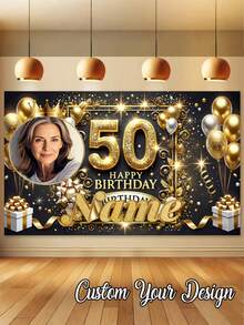 1pc - Customized Happy Birthday Backdrop, Large Size Personalized Birthday Banner Background, Can Print Name And Photo, Customized Black & Gold Theme Printed Poster, Shiny Black Background With Gold Glitter Elements, Celebrate 50th Birthday, Multi-Functional Party Tapestry Home Decor Personalized Birthday Party Customized Photo And Name Poster - Suitable For Party Decoration - Multicolor - View 3