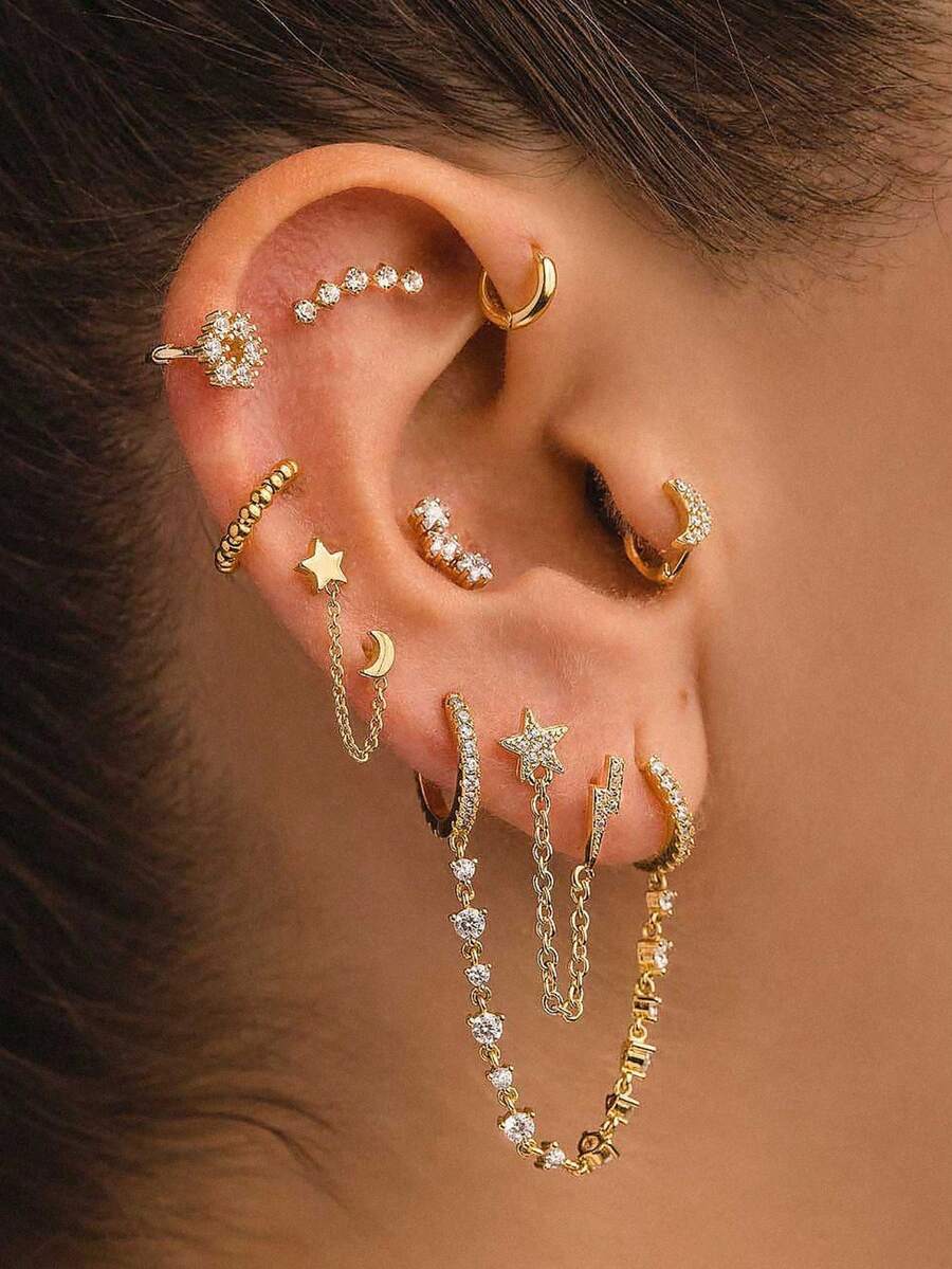 9pcs Exquisite Earring Sets, Earrings Stack, Stylish Stack, Golden Silvery Zirconia Star Moon Chain Drop Stud Hoop, Daily Wear Gifts